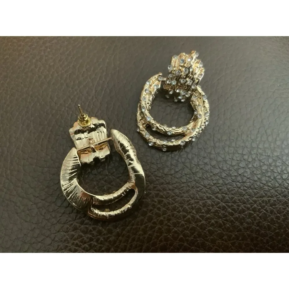 Ettika Hoop Crystal Buckle Pave Link Molten Earrings Boho Hammered CZ VTG - Picture 7 of 8